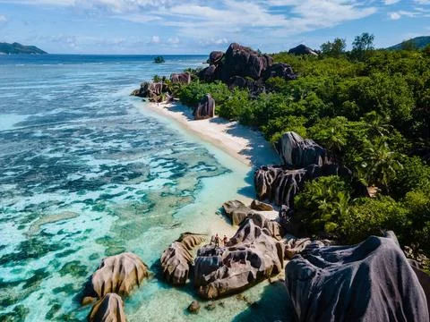 Anse Source d Argent beach, La Digue Island, Seyshelles, Drone aerial view... Stock Photos