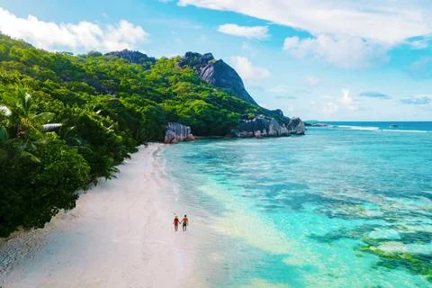 Anse Source d Argent beach, La Digue Island, Seychelles, Drone aerial view... Stock Photos