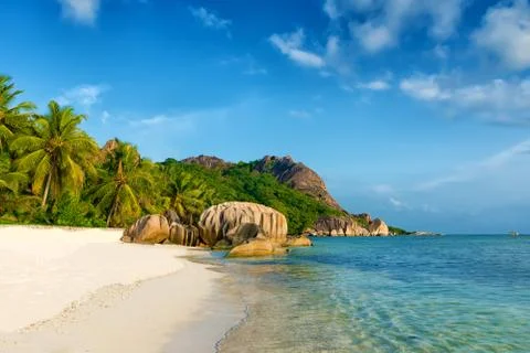 Anse source d'argent beach on la digue island in seychelles Stock Photos