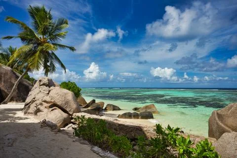 Anse Source d'argent Beach at La Digue Island, Seyshelles Stock Photos