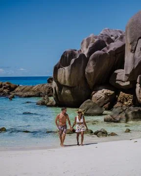 Anse Source d'Argent beach, La Digue Island, Seyshelles, Drone aerial view of La Stock Photos