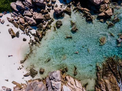 Anse Source d'Argent beach, La Digue Island, Seyshelles, Drone aerial view of La Stock Photos