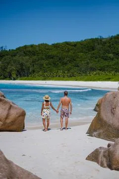 Anse Source d'Argent beach, La Digue Island, Seyshelles, Drone aerial view of La Stock Photos