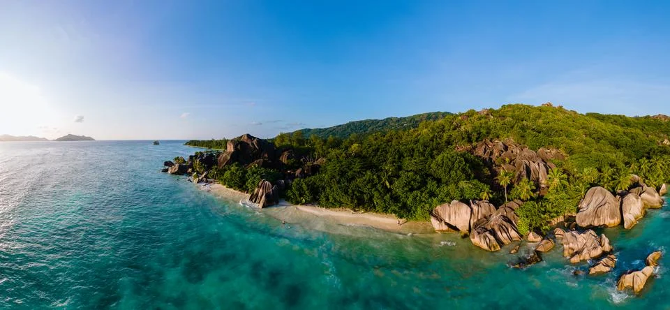 Anse Source d'Argent beach, La Digue Island, Seyshelles, Drone aerial view of La Stock Photos