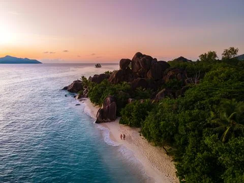 Anse Source d'Argent beach, La Digue Island, Seyshelles, Drone aerial view of La Stock Photos