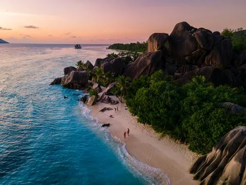 Anse Source d'Argent beach, La Digue Island, Seyshelles, Drone aerial view of La Stock Photos