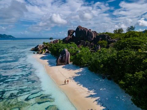 Anse Source d'Argent beach, La Digue Island, Seyshelles, Drone aerial view of La Stock Photos