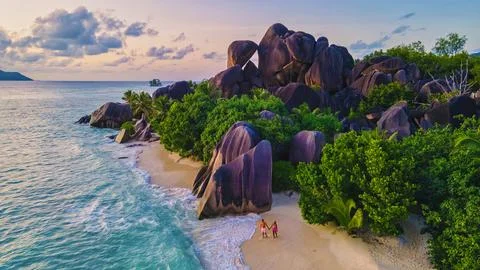 Anse Source d'Argent beach, La Digue Island, Seyshelles, Drone aerial view of La Stock Photos