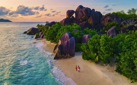 Anse Source d'Argent beach, La Digue Island, Seyshelles, Drone aerial view of La Stock Photos