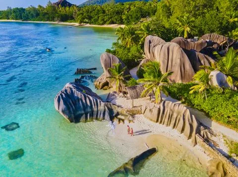 Anse Source d'Argent beach, La Digue Island, Seyshelles, Drone aerial view of La Stock Photos