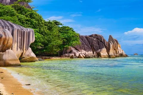 Anse Source D'argent beach at the La Digue Island, Seychelles Stock Photos