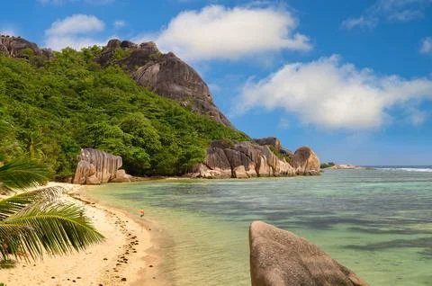 Anse Source D'argent beach with palm trees at La Digue Island, Seychelles Stock Photos
