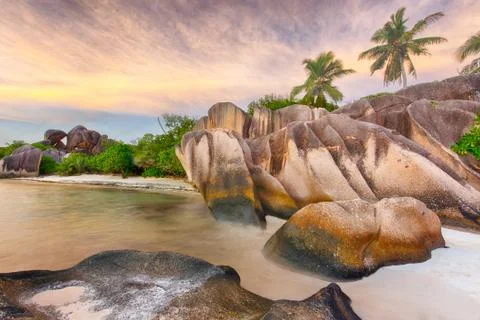 Anse Source d'Argent beach in the Seychelles Foto stock