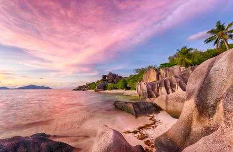 Anse Source d'Argent beach in the Seychelles Foto stock