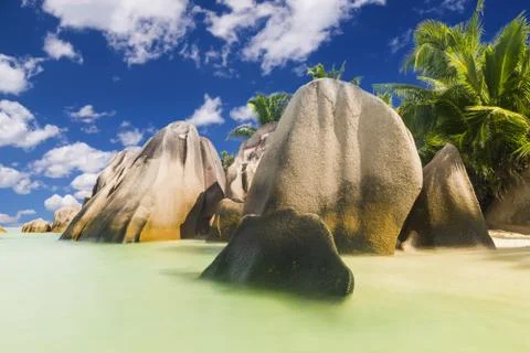 Anse Source d'Argent beach in the Seychelles Foto stock