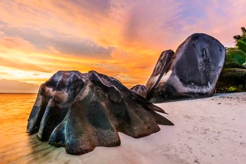 Anse Source d'Argent beach in the Seychelles Foto stock