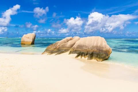 Anse Source d'Argent, famous beach on tropical island La Digue in Seychelles Stock Photos