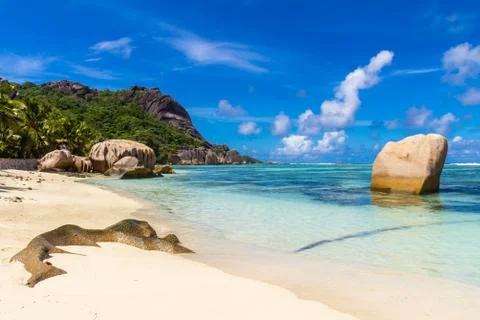 Anse Source d'Argent, famous beach on tropical island La Digue in Seychelles Stock Photos