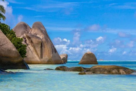 Anse Source d'Argent, famous beach on tropical island La Digue in Seychelles Stock Photos