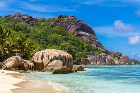 Anse Source d'Argent, famous beach on tropical island La Digue in Seychelles Stock Photos