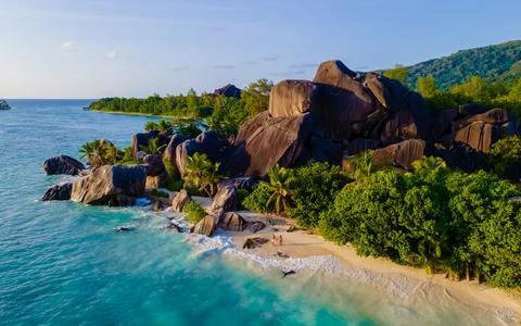 Anse Source d'Argent, La Digue Seychelles, a young couple of men and women on a Stock Photos