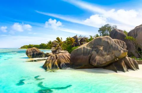 Anse Source D'Argent - the most beautiful beach of Seychelles. La Digue Island Stock Photos
