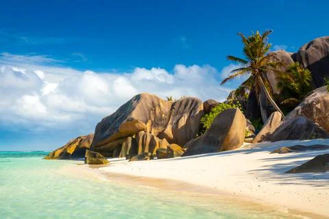 Anse Source D'Argent - the most beautiful beach of Seychelles. La Digue Island Stock Photos
