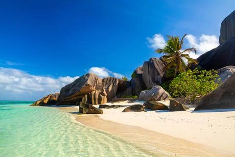 Anse Source D'Argent - the most beautiful beach of Seychelles. La Digue Island Stock Photos