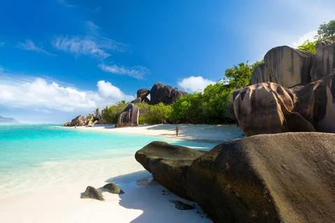 Anse Source D'Argent - the most beautiful beach of Seychelles. La Digue Island Stock Photos
