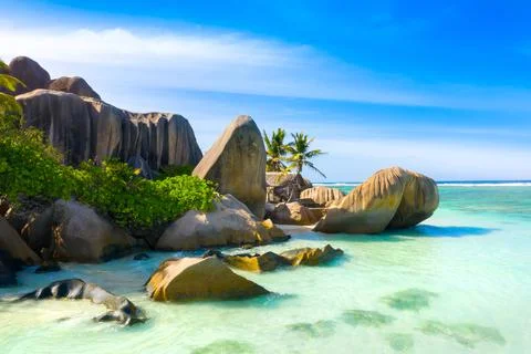 Anse Source D'Argent - the most beautiful beach of Seychelles. La Digue Island Stock Photos