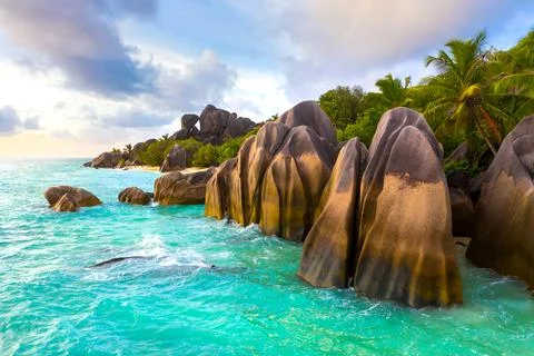 Anse Source D'Argent - the most beautiful beach of Seychelles. La Digue Island Stock Photos