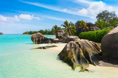 Anse Source D'Argent - the most beautiful beach of Seychelles. La Digue Island Stock Photos