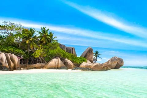 Anse Source D'Argent - the most beautiful beach of Seychelles. La Digue Island Stock Photos