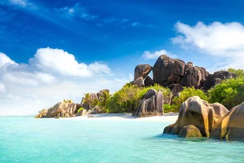 Anse Source D'Argent - the most beautiful beach of Seychelles. La Digue Island Stock Photos