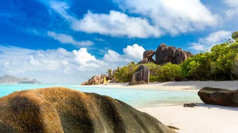 Anse Source D'Argent - the most beautiful beach of Seychelles. La Digue Island Stock Photos