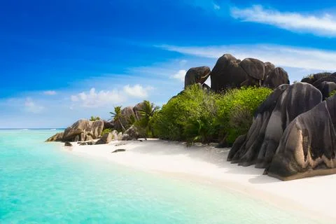 Anse Source D'Argent - the most beautiful beach of Seychelles. La Digue Island Stock Photos