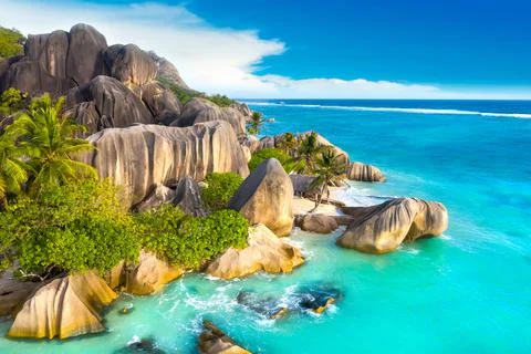 Anse Source D'Argent - the most beautiful beach of Seychelles. La Digue Island Stock Photos