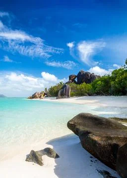 Anse Source D'Argent - the most beautiful beach of Seychelles. La Digue Island Stock Photos