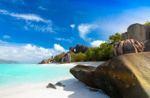 Anse Source D'Argent - the most beautiful beach of Seychelles. La Digue Island Foto stock
