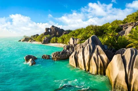 Anse Source D'Argent - the most beautiful beach of Seychelles. La Digue Island Stock Photos