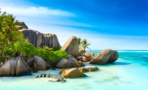 Anse Source D'Argent - the most beautiful beach of Seychelles. La Digue Island Stock Photos