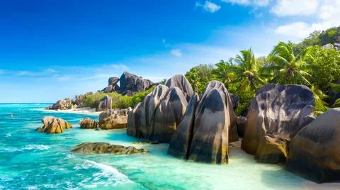 Anse Source D'Argent - the most beautiful beach of Seychelles. La Digue Island Foto stock