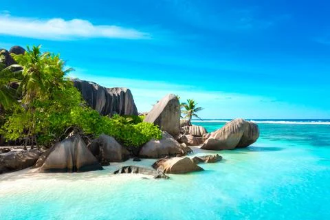 Anse Source D'Argent - the most beautiful beach of Seychelles. La Digue Island Stock Photos