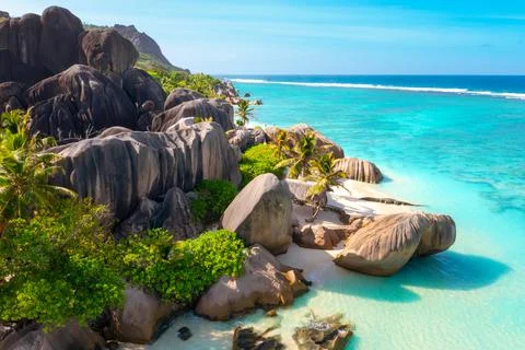 Anse Source D'Argent - the most beautiful beach of Seychelles. La Digue Island Stock Photos