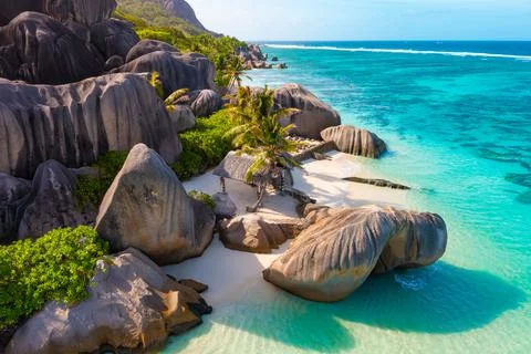 Anse Source D'Argent - the most beautiful beach of Seychelles. La Digue Island Stock Photos