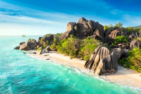 Anse Source D'Argent - the most beautiful beach of Seychelles. La Digue Island Stock Photos