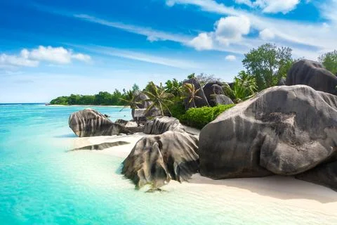 Anse Source D'Argent - the most beautiful beach of Seychelles. La Digue Island Stock Photos