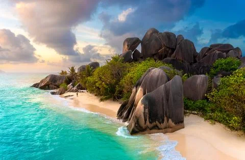 Anse Source D'Argent - the most beautiful beach of Seychelles. La Digue Island Stock Photos