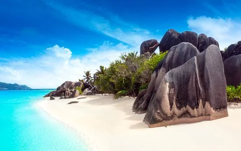 Anse Source D'Argent - the most beautiful beach of Seychelles. La Digue Island Stock Photos