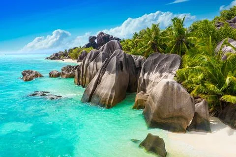 Anse Source D'Argent - the most beautiful beach of Seychelles. La Digue Island Stock Photos